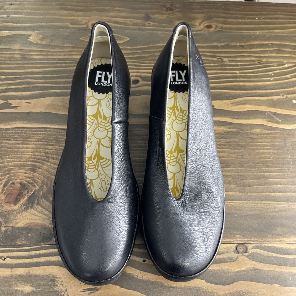 Fly London Black Leather Slip-On Heels - Picture 3 of 12